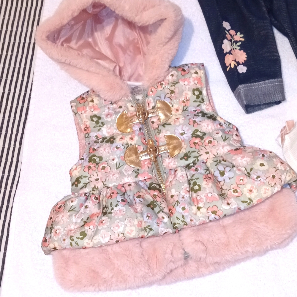 Little Lass Baby Girl Floral Faux Fur Hooded Vest L/Sleeve Tee Leggings Set 3/6M
